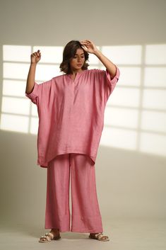 Introducing our Linen Oversized Loungewear Set. Elevate your fall wardrobe with a comfy and stylish ensemble comprising a long-Introducing our Linen Oversized Loungewear Set - the epitome of cozy elegance for your fall wardrobe! Embrace comfort and style with this delightful ensemble featuring a loose half sleeves top and matching long pants. Crafted from the luxurious Viscose linen, this set effortlessly combines warmth and breathability for the perfect autumn companion. Specifications: Length Oversized Spring Loungewear Sets, Pink Relaxed Fit Sets For Daywear, Relaxed Fit Sleep Sets, Oversized Long Sleeve Sets For Daywear, Relaxed Fit Pink Sets For Vacation, Casual Oversized Pink Sleepwear, Oversized Loungewear, Linen Loungewear Set, Linen Sleepwear