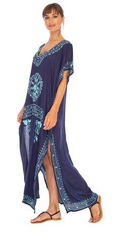 Made from a semi-sheer lightweight rayon material, this beach cover up will brighten up your summer wardrobe. Beautifully crafted to fit petite sizes to plus size. BOHO STYLE- Mandala print design makes this caftan fit for a bohemian goddess. Beautifully handcrafted art that you can wear. Easily upgrade your beachwear this summer with a comfortable and stylish lounge dress from SHU-SHI. TRAVEL-FRIENDLY- The lightweight beach dress makes it the ideal travel companion. Easily toss in your carry on Long Flowy Cover-up For Vacation, Flowy Long Cover-up For Vacation, Bohemian Rayon Cover-up For Vacation, Bohemian Sarong For Beach Party Resort, Blue Bohemian Cover-up For Beach Party, Blue Flowy Cover-up For Beach Season, Blue Boho Dress For Beach Cover-up, V-neck Rayon Kaftan For Summer, Boho Print Maxi Length Cover-up For Festivals