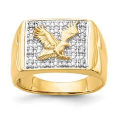 14k Yellow Rhodium Men's Eagle Diamond Ring at $ 982.98 only from Jewelryshopping.com Yellow Pearl Earrings, Brown Pearl Earrings, Eagle Ring, Seahorse Pendant, Mens Ring Sizes, An Eagle, Heart Pendant Diamond, Stylish Earring, Men Diamond Ring