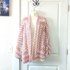 Brand New And Fresh Off The Hooks!! Mtbd Crochet Cardigan Rose Pink And Off White Yarn Used To Make A Great Cardigan Great Piece With Many Styling Opportunities! Approximate Measurements Are Pictured. Closest Size: M And May Be Oversized Slightly For A Medium Yarn Used Is 100% Acrylic. Cardigan Will Come With Wash/Care Instructions Questions? Ask Below Bundle Your Likes To Save Money All Reasonable Offers Are Accepted Smoke Free But Pet Friendly Home Modeling Crochet Cardigan Pink, Pink Hexagon Cardigan, Silver One Piece, Holiday Cardigan, Sweater Duster, Grey Tie, Oversized Turtleneck Sweater, Embroidered Cardigan, Wool Wrap