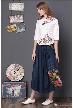 Mode Rock Lange Sommer Jeans Röcke Bestickte Frauen Denim Röcke Gürtel Hohe Taille große Größe 4XL 5XL Faltenrock Flower Long Skirt, Planer Cover, Women Embroidery, Long Skirt Fashion, Lined Jeans, Summer Jeans, Jeans Rock, Casual Denim