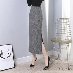 Lasaky - Thickened Houndstooth Plush Pencil Skirt with Vintage Side Slit Design - A Figure-Flattering and Timeless Wardrobe Essential Gray Pencil Skirt, Corporate Dress, Fluffy Skirt, Grey Pencil Skirt, Tube Skirt, Wrap Around Skirt, Camisole Dress, Mermaid Skirt, Vintage Plaid