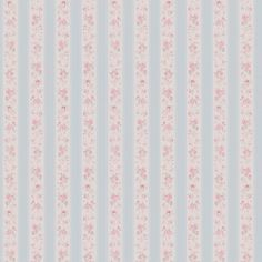 a blue and white striped wallpaper with pink flowers