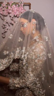 a woman wearing a wedding veil with flowers on it