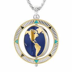 A striking keepsake he’ll love to wear every day...A handsome rhodium-plated spinner pendant set with a genuine diamond, 18kt gold-plated accents, and blue and black enameling.Features a striking globe design and compass-inspired arrowheads symbolizing your son’s bold expedition through life and all the incredible adventures that await him.Reverse is engraved with an endearing message – words that he’ll wear close to his heart, no matter where in the world he goes.Reversible, easy to wear, fun a Luxury Compass Design Jewelry As Gift, Blue Medallion Jewelry With Polished Finish, Blue Jewelry With Detachable Pendant, Blue Jewelry With Detachable Round Pendant, Round Pendant Jewelry With Rotating Bezel Gift, Rotating Bezel Round Pendant Jewelry As A Gift, White Gold Jewelry With Rotating Bezel As Gift, Modern Jewelry With Rotating Bezel For Gift, Stainless Steel Round Pendant Jewelry With Polished Finish