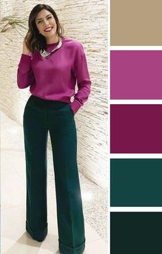 Emerald Green Pants Outfit Color Combos, Hunter Green Pants Outfit, Forest Green Pants Outfit, Colorful Office Outfits, Purple Pants Outfit, Fall Outfit Ideas For Women, Women Fall Outfits, Fall Outfits Ideas