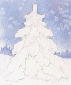 a drawing of a snow covered christmas tree with blue sky and clouds in the background