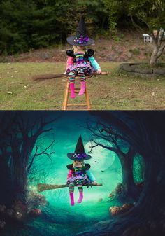 two pictures one with a witch costume on and the other with a broom in it