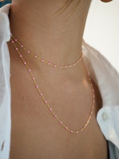 Details: 14KT GOLD INQUIRE FOR OTHER LENGTHS 18" - MODEL WEARING 36" Pink Beaded Necklace With Adjustable Chain As Gift, Handmade Pink Chain Necklace As Gift, Dainty Pink Necklace With Delicate Chain, Handmade Pink Chain Necklace, Pink Dainty Necklace With Beaded Chain, Dainty Single Strand Pink Jewelry, Bag Icon, Pendant Bracelet, Chain Ring