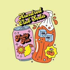 an orange and pink soda bottle next to a yellow can with the words hundred club soda on it