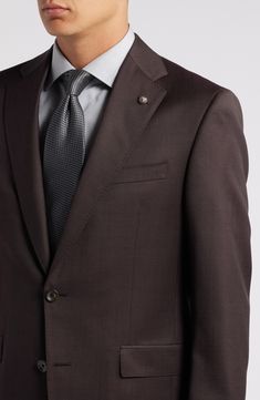 Italian wool styled in a deep, rich burgundy smartens a suit crafted for year-round versatility with traditional notched lapels and tapered flat-front trousers. Top= 28 1/2"; bottom= 36 1/2" inseam; 14 1/2" leg opening; 10" front rise; 16" back rise (size 42) Jacket has notched lapels; chest pocket; flap pockets; side vents Trousers have zip fly with hook-and-bar closure; slant pockets; back button-welt pockets Jacket is lined Unhemmed 100% wool Dry clean Imported Formal Brown Blazer With Welt Pockets, Brown Notch Lapel Formal Blazer, Formal Brown Blazer With Concealed Placket, Brown Suits With Concealed Placket For Workwear, Brown Suits With Hidden Button Closure For Office, Brown Workwear Suits With Concealed Placket, Brown Suits With Concealed Placket, Tailored Brown Suits With Hidden Button Closure, Brown Notch Lapel Suit For Business