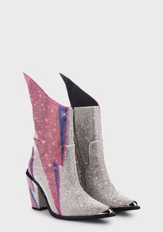 Club Exx Lightning Bolt Rhinestone Cowboy Boots - Multi – Dolls Kill Space Cowboy Fashion, Chunky Cowboy Boots, Rhinestone Cowgirl Aesthetic, Space Cowboy Party Outfit, Crazy Boots, Metallic Clothes, Dolls Kill Boots, Disco Boots, Preppy Boots