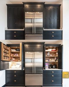 two pictures of the inside of a kitchen with black cabinets and stainless steel refrigerators