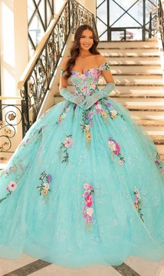 Long off the shoulder a-line tulle quinceañera ball gown with floral embroidery and sweetheart neckline. Aqua Quinceanera Dresses, Mexican Quinceanera Dresses, Quinceñera Dresses, Pregnant Model, Quince Dress, Gown Style, Quinceanera Dress, Luxury Fabric, Princess Dresses