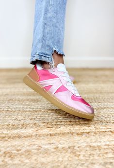 Vesta Sneaker in Pink, Hot Pink and Light Pink metallic sneakers with white laces and gum soles Embroidery Sweater, Mia Shoes, Pullover Cardigan, Cropped Flares, Kimono Dress, Shop Maxi Dresses, Pink Lace, Sweater Shop, Green Dress