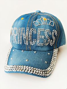 Princess Hat Rhinestones Jeans Denim Hat Cap Beautiful hat, jeans denim fabric, Adult / one size / Adjustable strap ensures a solid and comfortable fit. We ship within one business day. Trendy Snapback Baseball Cap With Rhinestones, Trendy Rhinestone Snapback Baseball Cap, Trendy Adjustable Denim Blue Hat, Trendy Denim Snapback Baseball Cap, Casual Adjustable Baseball Cap With Rhinestones, Casual Cap With Rhinestones, Adjustable Denim Cap, Adjustable Denim Visor Hat, Casual Rhinestone Cap