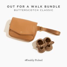 a pair of shoes and a purse sitting on top of a white background with the words, out for a walk bundle butterscotch classic