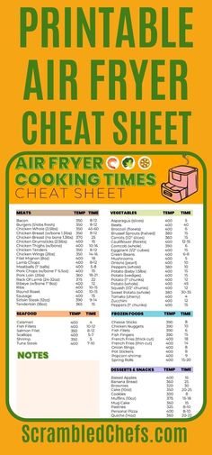 the printable air fryer sheet is shown with instructions for cooking times and other items