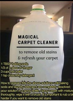 a plastic bottle with instructions on how to remove old stains and refresh your carpet