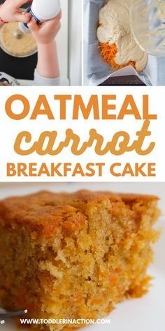 there is a collage of pictures with carrots and cake on it, including the words oatmeal carrot breakfast cake