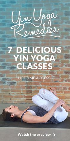 a woman doing yoga poses in front of a brick wall with the words yin yoga remed