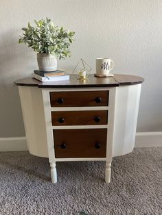 a small table with drawers and a plant on top