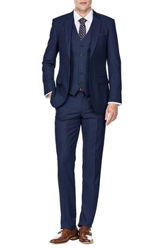 Bring understated elegance to the table in this three-piece suit crafted from rich fabric in a classic single-breasted silhouette. Jacket has notched lapels; chest welt pocket; front flap pockets Vest has front button closure; V-neck Pants have zip fly with button closure; front slant pockets; back button-welt pockets Jacket and vest are lined; trousers are lined to the knee 65% polyester, 35% viscose Dry clean Imported Each suit has a 6” drop, meaning that a size 38R jacket is paired with size Single Breasted Business Casual Suiting Sets, Business Casual Single Breasted Suit Sets, Single Breasted Suiting Fabric Sets For Business Casual, Business Casual Single-breasted Suit Set, Professional Single Breasted Suiting Fabric Sets, Professional Single-breasted Suiting Fabric Set, Single Breasted Tailoring Sets In Suiting Fabric, Single Breasted Suiting Fabric Sets For Tailoring, Slim Fit Three-piece Suit With Single Button