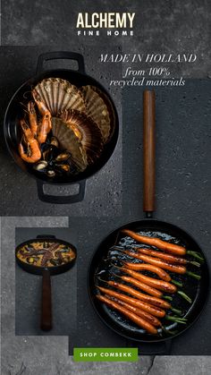 an advertisement for alchemy featuring roasted carrots and shrimp in a cast iron skillet