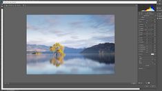 an image of a tree in the middle of a lake with mountains in the background