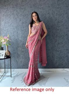 Georgette saree with blouse, Pink saree for women, wedding saree for function, sequence saree for evening wear, designer saree for function Saree Details:  Saree Color: Pink  Saree Fabric:  Faux Georgette Saree Work: Fancy  Thread Work  With  Sequence Work Saree Length:5.5 Meter Blouse Details : (UN-Stitched) Blouse Color: Matching. Blouse Length: 0.8meter Blouse Fabric:  Heavy Mono banglory Blouse Work:All Over Thread With  Sequence Work Blouse wear by model is just for modeling purpose only, a Party Wear Pre-draped Saree With Zari Work For Diwali, Pre-draped Saree For Reception And Diwali, Wedding Saree With Semi-stitched Blouse, Evening Anarkali Style Pre-draped Saree, Party Wear Pre-draped Saree With Unstitched Blouse, Diwali Party Wear Georgette Pre-draped Saree, Party Wear Pre-draped Saree With Cutdana, Party Saree With Resham Embroidery, Pink Georgette Saree For Evening