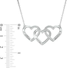 Make your mom's day special with this personalized heart necklace. Created in sterling silver, this charming style showcases a trio of interlocked hearts - each adorned with beaded detailing and shimmering diamond accents. Show your appreciation with a name, date or message - each up to 9 characters in length - one inscribed in the font of your choice along the bottom edge of each heart. Buffed to a brilliant luster, this style is centered along an 18.0-inch cable chain that secures with a sprin Personalized Silver Jewelry With Diamond Accents, Personalized Heart Necklace In Sterling Silver, Double Heart Name Necklace For Mother's Day Anniversary, Mother's Day Heart Cut Jewelry With Heart Beads, Anniversary White Gold Jewelry With Heart Beads, Heart Beads Open Heart Jewelry For Mom, Silver Jewelry With Heart Beads For Anniversary Gift, Mother's Day Double Heart Name Necklace, Anniversary Sterling Silver Heart Beads Necklace