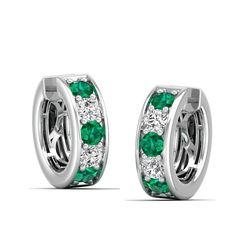 These exquisite emerald and diamond hoop earrings are a stunning addition to any jewelry collection. Crafted with precision and attention to detail, the vibrant emeralds are elegantly complemented by the sparkling diamonds, creating a luxurious and sophisticated look that is perfect for any occasion. Metal: 14K Gold Setting Type: Prong Rhodium Finish: Yes, on White Gold Gemstone Details: Gemstone: Emerald Shape: Round Average Dimensions: 3.00 MM Quantity: 06 Average Cut: Very Good Average Color: Elegant Green Huggie Jewelry, Elegant Round Hoop Earrings With Emerald, Formal Emerald Earrings With Diamond Accents, Green Round Diamond Earrings Fine Jewelry, Classic White Gold Emerald Diamond Earrings, Emerald Huggie Earrings For Anniversary, Green Brilliant Cut Diamond Earrings, Elegant May Birthstone Hoop Earrings, Green Diamond Earrings In Fine Jewelry Style