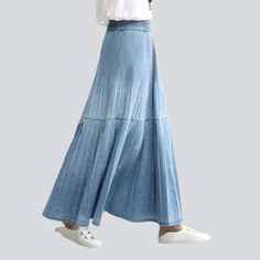 Introducing our bohemian pleated denim skirt from the 2023 Spring-Summer Collection. the perfect blend of boho and fashion!Why It's Your Must-HaveThis skirt is the perfect embodiment of chic boho style. Crafted with a folded design and a elongated length. it exudes an effortless elegance. while the ornamented detailing adds a touch of femininity. The high-waisted form and rubber closure provide a comfortable fit and a look that's sure to turn heads.Key Highlights: Bohemian Beauty: Capture the ti Casual Flowy Ankle-length Maxi Skirt, Casual Ankle-length Flowy Maxi Skirt, Spring Casual Non-stretch Denim Skirt, Spring Bohemian Maxi Skirt With Elastic Waistband, Casual Non-stretch Denim Skirt For Spring, Summer Non-stretch Denim Skirt, Non-stretch Denim Skirt For Summer, Relaxed Fit Blue Denim Skirt For Summer, Flowy High-waist Spring Maxi Skirt