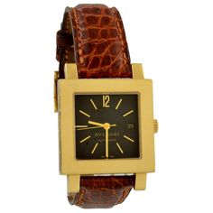 Bulgari Square Face Gold Watch Classic Brown Rectangular Watch, Elegant Brown Rectangular Watch, Elegant Brown Rectangular Watches, Rectangular Brown Watches With Subdials, Brown Rectangular Watches With Subdials, Elegant Brown Watch With Rectangular Dial, Brown Rectangular Watch For Formal Occasions, Modern Formal Watches With Gold-tone Hardware, Luxury Brown Watch With Rectangular Dial