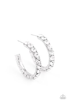 An oversized collection of glittery white rhinestones are encrusted along a textured silver hoop, creating a glamorous sparkle. Earring attaches to a standard post fitting. Hoop measures approximately 1 1/2" in diameter. Sold as one pair of hoop earrings. P5HO-WTXX-069XX White Hoop Earrings, Medium Hoop Earrings, Jewelry Catalog, Paparazzi Accessories, White Rhinestone, Paparazzi Jewelry, White Earrings, Pink Earrings, Pink Rhinestones