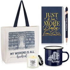 two mugs, a book and a candle are on display in front of a tote bag