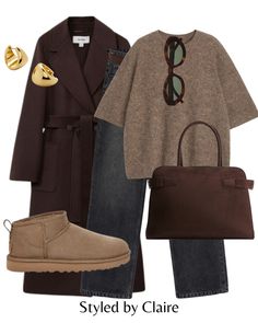 How To Style A Coat, Brown V Neck Sweater Outfit, Brown Style Outfit, Fall Outfits Uggs, Fall Shopping Outfit, Fall Outfit For Work, What Should I Wear Tomorrow, Brown Coats, Brown Outfits