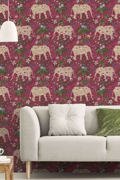 Into The Wild Elephant Wallpaper Red Quirky Wallpaper, Wallpaper Prints, Elephant Wallpaper, Bamboo Texture, Hotel Chic, Modern Nautical, Wild Elephant, Botanical Leaves