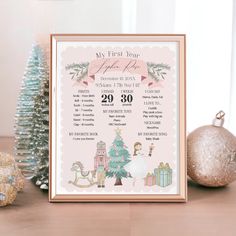 a baby's first year calendar is displayed next to christmas trees and presents on the table