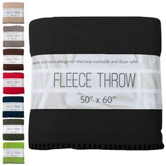 fleece throw in various colors and sizes, with the words fleece throw printed on it