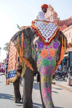 an elephant is decorated with many colors and patterns on it's back, while a man in a turban stands behind it