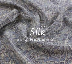 silk fabric with paisley pattern in blue and grey colors, suitable for upholstering