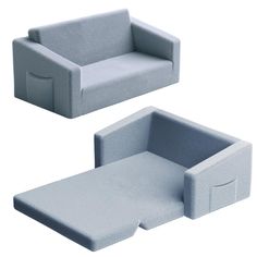 two blue couches sitting next to each other