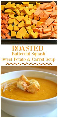 roasted butternut squash, sweet potato and carrot soup with toasted croutons