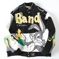 Bugs Bunny Embroidery Baseball  Jacket 90s Retro Fashion, Vintage F1, Baseball Jacket Women, Aesthetic Styles, Racing Jackets, Bunny Embroidery, Embroidery Baseball, Womens Windbreaker, Vintage Bunny