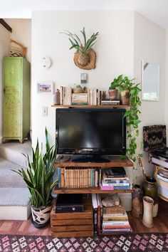 a tv sitting on top of a wooden stand in a living room next to a plant