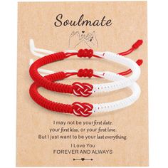 PRICES MAY VARY. 💟◤RED STRING COUPLE BRACELETS◢——Concentric knot element design, 2 bracelets matched to form a pair. Symbolizes happiness, luck and protection. It is the most meaningful Valentine's gift. 💟◤COUPLE GIFTS◢——A variety of colors to choose from, paired with "Soulmate" text blessing cards. You can give it to yourself, your boyfriend, your girlfriend, your wife, your husband, your good friends, your parents on Valentine's Day, Christmas, birthdays, and anniversaries. 💟◤GOOD WISHED IM Couple Boyfriend, Couples Bracelets, Beautiful Meaning, Element Design, Red String, Knot Design, White Bracelets, Couple Bracelets, I Love You Forever