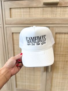 Our For the Girls Trucker Hat is a must have for gameday! White snapback hat with Black graphic. Terrycloth lining for a comfort fit. Perfect for everyday! 100% Polyester font, 100% Nylon Mesh Back ALL ACCESSORIES ARE FINAL SALE! Feel free to email us at info@emersoncharles.com or DM us with any questions regarding fit, styling, or our return policy in general. Sporty Trucker Hat For Game Day With Curved Bill, Sporty Snapback Trucker Hat, Sporty Snapback Hat, White Snapback Hat For Game Day, Sports Trucker Hat One Size Fits Most, Letter Print Flat Brim Trucker Hat For Sports Events, Flat Brim Trucker Hat With Letter Print For Sports, Flat Brim Letter Print Trucker Hat For Sports Events, Game Day Baseball Cap With Letter Print Snapback