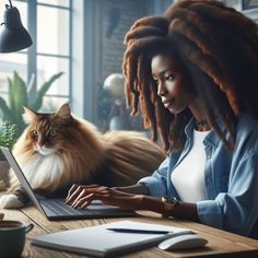 a woman sitting at a desk using a laptop computer with a cat on her lap