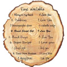 a wood slice with words written on it